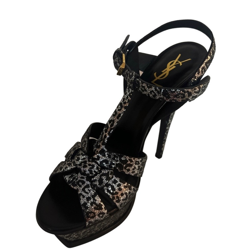 YSL Womens Platform Tribute Slingbacks Sandal Heels Black Size 40 EU